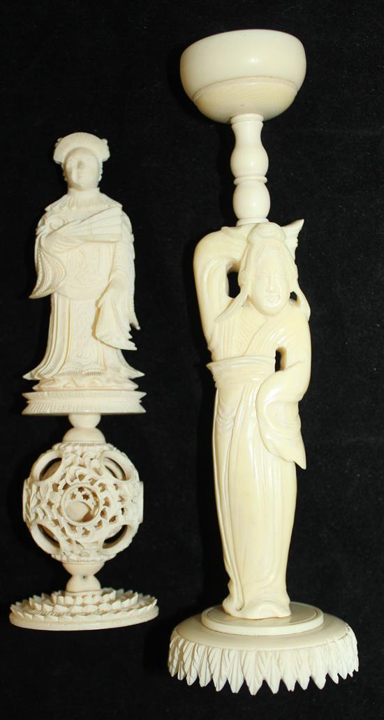 A Chinese export ivory puzzle ball and stand and four similar ivory chess pieces, 19th / early 20th century, 6.5cm - 21cm